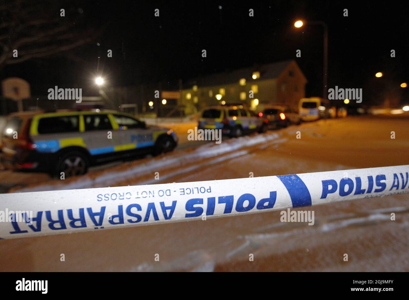 LJUSNE 2016-02-13 Police have roped off an asylum center in Ljusne in northern Sweden February 13, 2016 after a deadly stabbing. One person was killed in the stabbing and three sent to hospital with unknown injuries. Photo: Pernilla Wahlman / TT / kod: 9203  Stock Photo