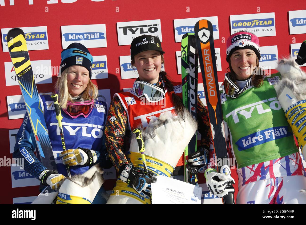 Winner Marielle Thompson Canada (C) Sweden's Sandra Naslund (L) second place and Alizee Baron France (R) third place during Sunday Feb. 14, 2016 World Cup Freestyle Ski Cross in Idre, Sweden. Photo: Christine Olsson / TT /  Stock Photo