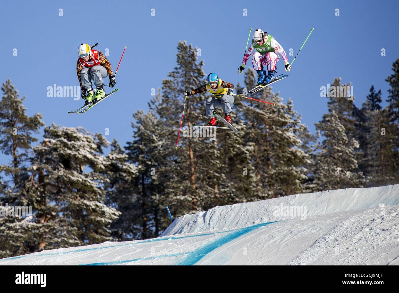 Marielle Thompson Canada skies to win the semi-final behind is Alizee Baron France and Kelsy Serwa, Canada during Sunday Feb. 14, 2016 World Cup Freestyle Ski Cross in Idre, Sweden. Photo: Christine Olsson / TT /  Stock Photo