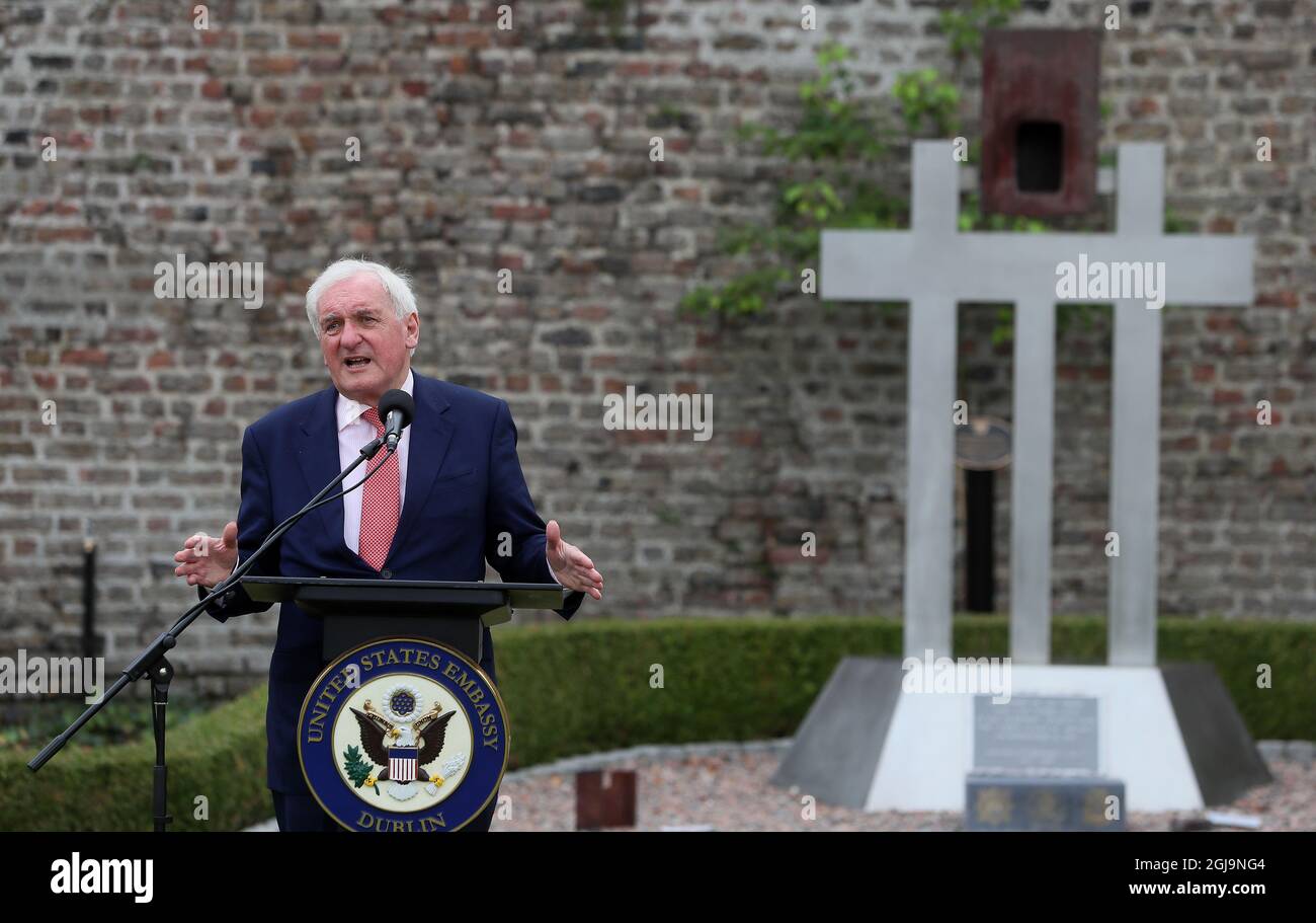 Former Taoiseach Bertie Ahern speaking during a 20th anniversary event at the US Ambassador's Residence in Dublin to commemorate the lives lost during the 9/11 attacks. Picture date: Wednesday August 25, 2021. Stock Photo