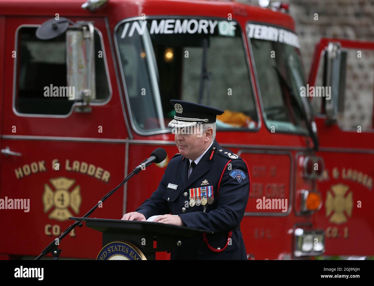 Dennis Keeley, acting Chief Officer Dublin Fire Brigade, speaking during a 20th anniversary event at the US Ambassador's Residence in Dublin to commemorate the lives lost during the 9/11 attacks. Picture date: Wednesday August 25, 2021. Stock Photo