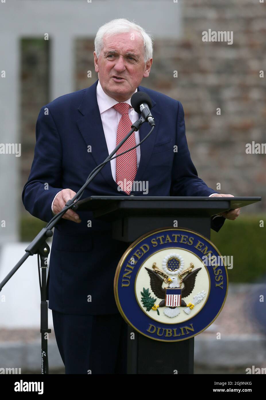 Former Taoiseach Bertie Ahern speaking during a 20th anniversary event at the US Ambassador's Residence in Dublin to commemorate the lives lost during the 9/11 attacks. Picture date: Wednesday August 25, 2021. Stock Photo