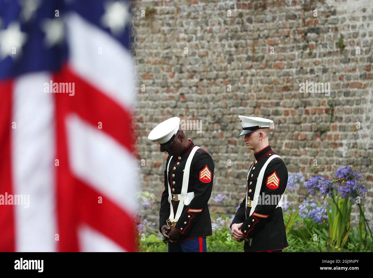 US Marines Sgt Wagner Paul Jr., and Sgt Mitch Shurtliff, during a 20th anniversary event at the US Ambassador's Residence in Dublin to commemorate the lives lost during the 9/11 attacks. Picture date: Wednesday August 25, 2021. Stock Photo