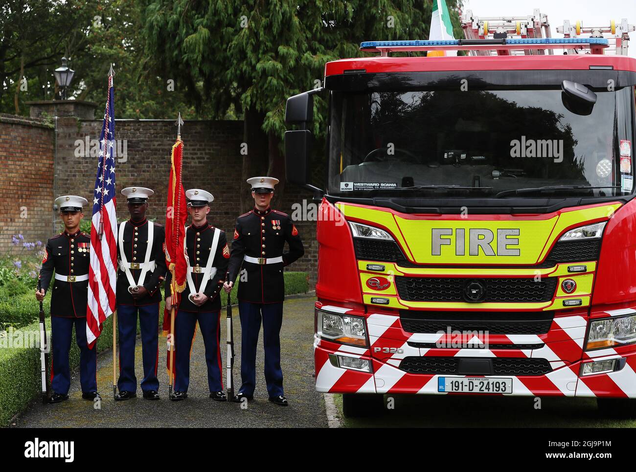 US Marines (from left) Sgt Jhudiel Rabara, Sgt Wagner Paul Jr., Sgt Mitch Shurtliff, and LCpl Kevin Sharp, during a 20th anniversary event at the US Ambassador's Residence in Dublin to commemorate the lives lost during the 9/11 attacks. Picture date: Wednesday August 25, 2021. Stock Photo