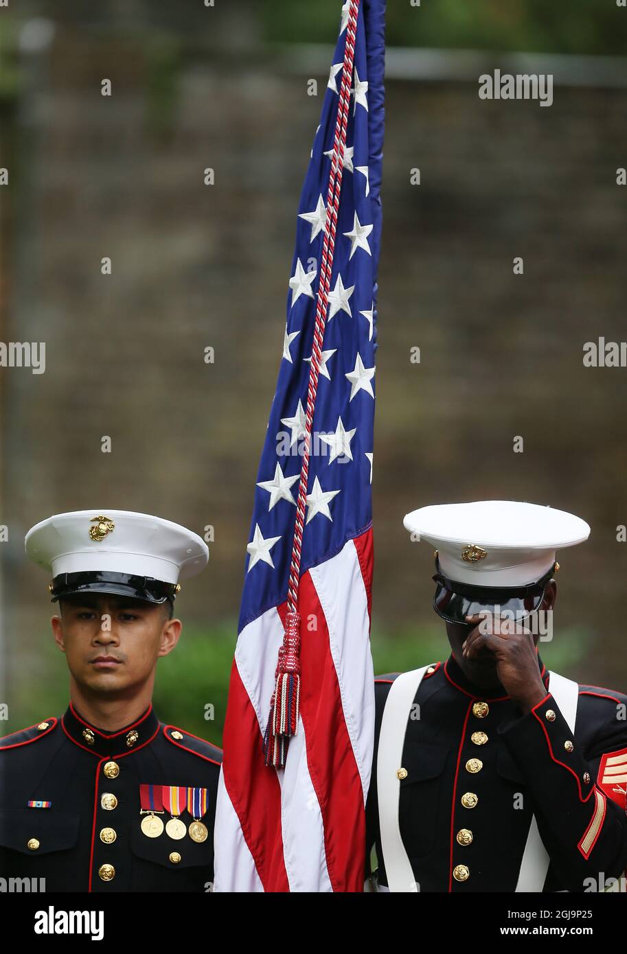 US Marines Sgt Jhudiel Rabara (left) and Sgt Wagner Paul Jr., during a 20th anniversary event at the US Ambassador's Residence in Dublin to commemorate the lives lost during the 9/11 attacks. Picture date: Wednesday August 25, 2021. Stock Photo
