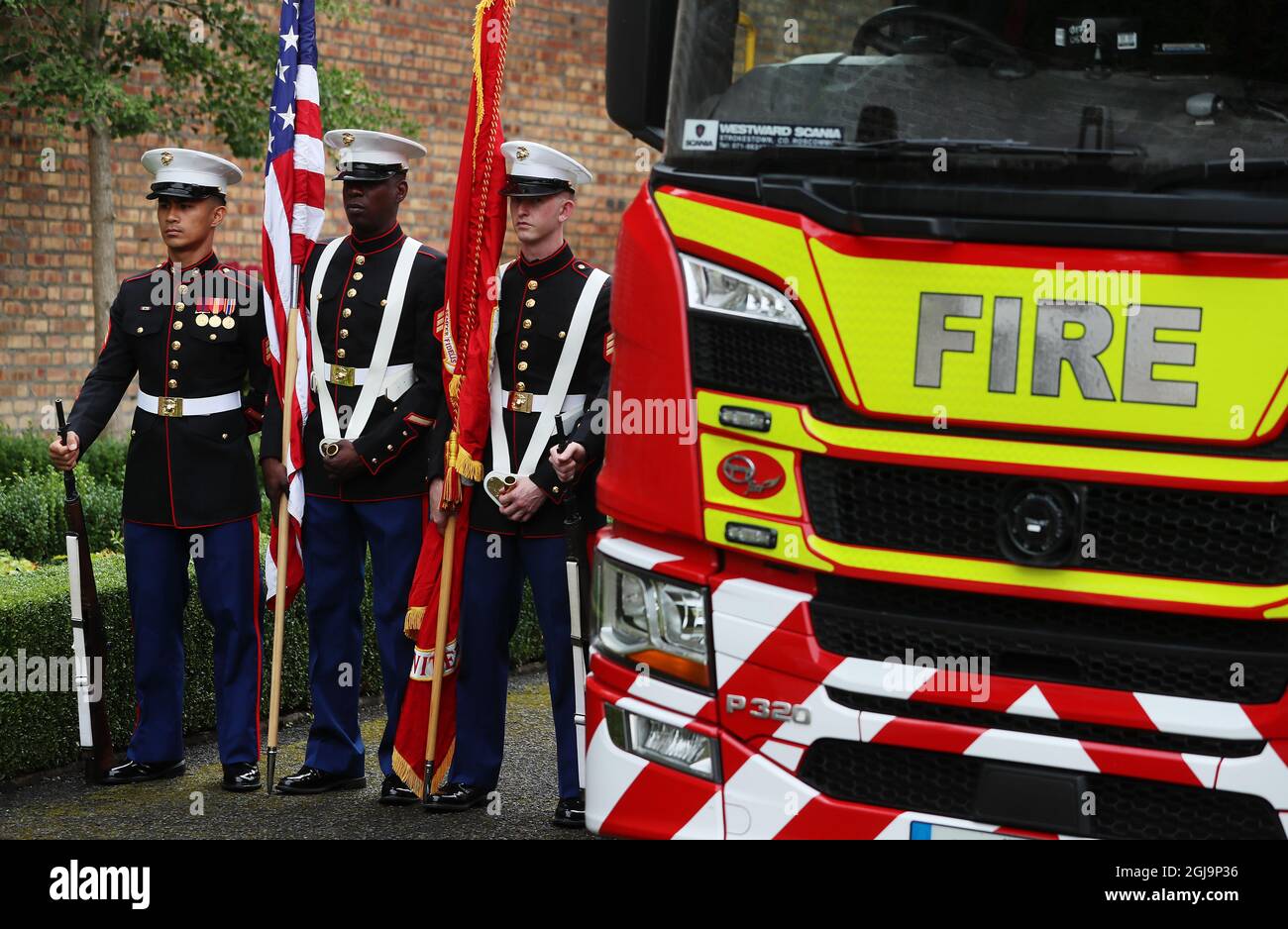 US Marines (from left) Sgt Jhudiel Rabara, Sgt Wagner Paul Jr. and Sgt Mitch Shurtliff, during a 20th anniversary event at the US Ambassador's Residence in Dublin to commemorate the lives lost during the 9/11 attacks. Picture date: Wednesday August 25, 2021. Stock Photo