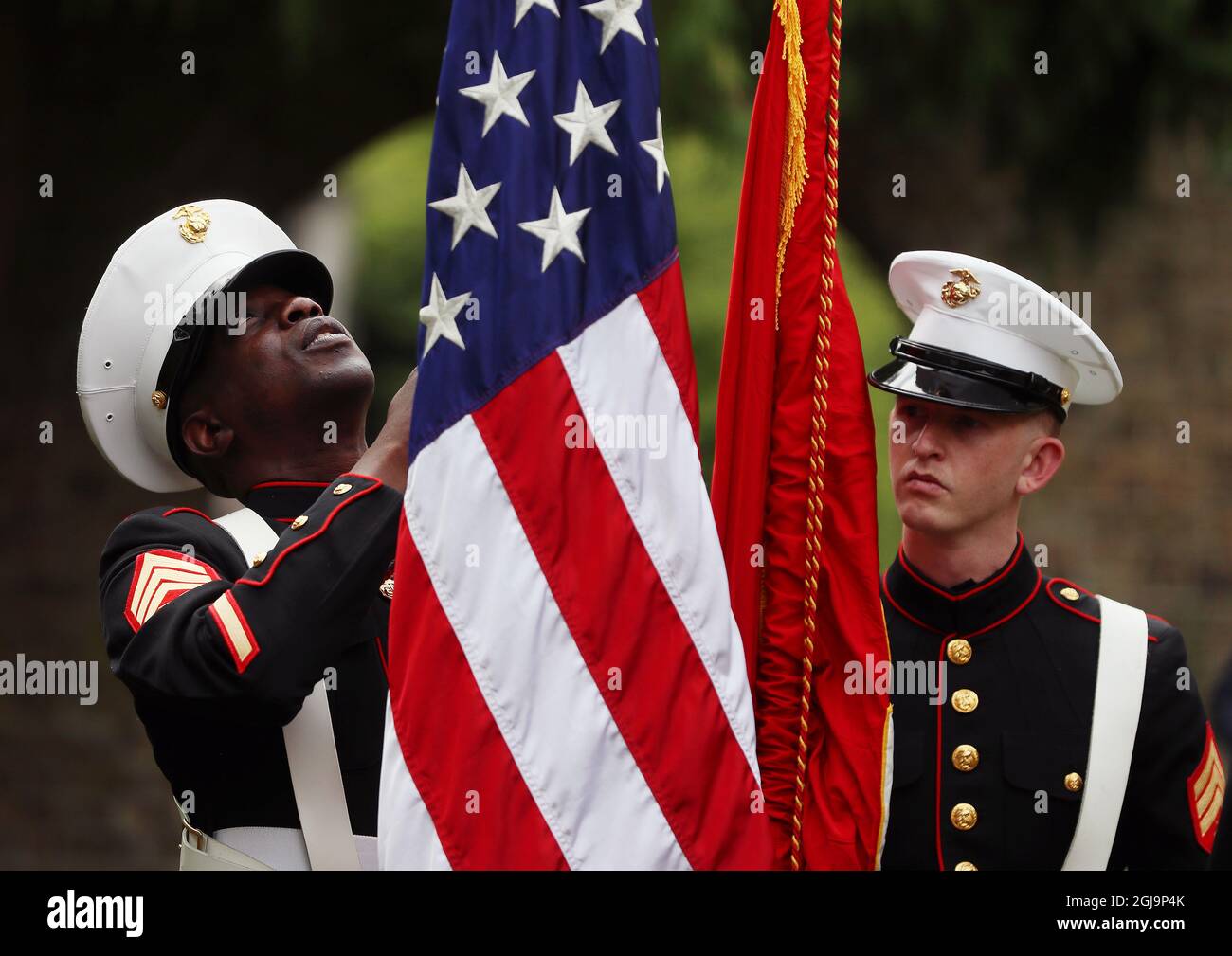 US Marines Sgt Wagner Paul Jr. (left), and Sgt Mitch Shurtliff, during a 20th anniversary event at the US Ambassador's Residence in Dublin to commemorate the lives lost during the 9/11 attacks. Picture date: Wednesday August 25, 2021. Stock Photo