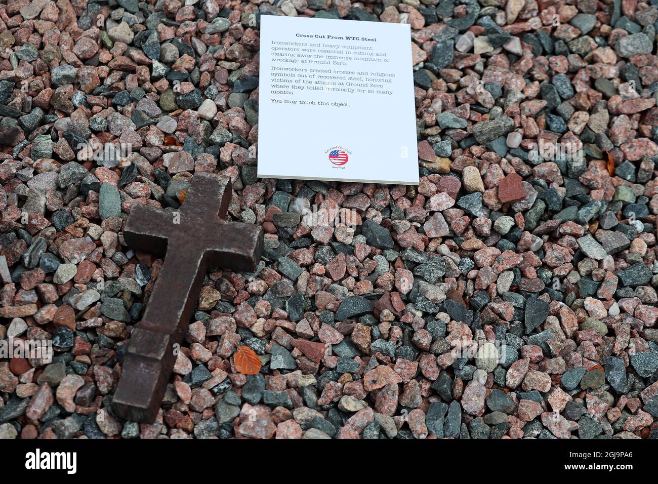 A cross cut from steel that was part of the World Trade Centre forms part of a 9/11 memorial at the US Ambassador's Residence in Dublin, during a 20th anniversary event to commemorate the lives lost during the 9/11 attacks. Picture date: Wednesday August 25, 2021. Stock Photo