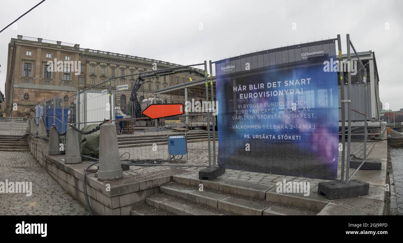STOCKHOLM 2016-04-07 The construction of the 'Euroclub' and 'Euro Fan CafÃƒÂ©' is seen under way with the Royal Palace in the background April 7, 2016. The Club and CafÃƒÂ© are built for partying artists of the Eurovision Song Contest in Stockholm in May will be able to party Foto Leif Blom / TT-Bild kod 50080 (multiple-image-panorama)  Stock Photo