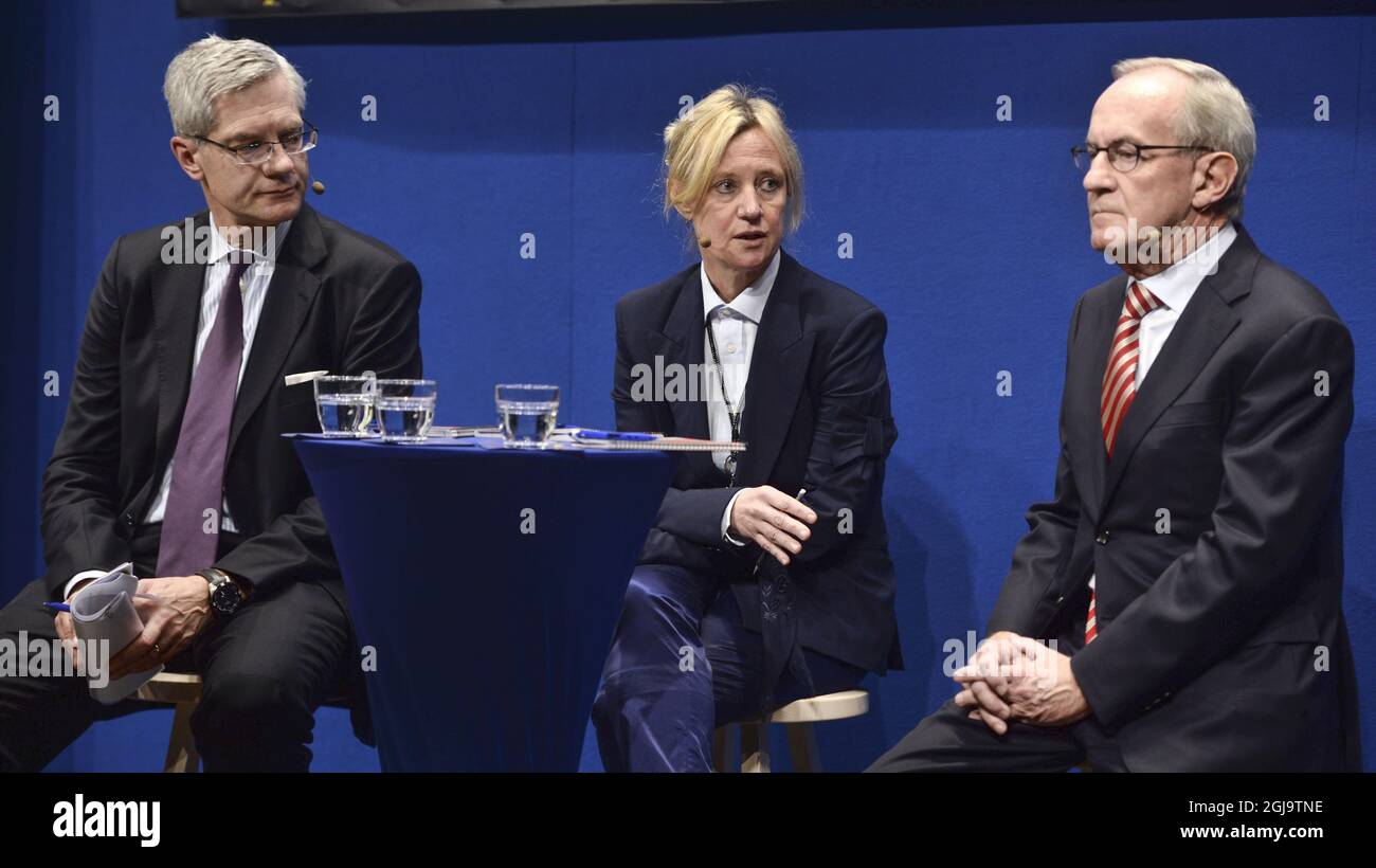 From left, Vattenfall Chief Executive Magnus Hall, Financial Officer Ingrid Bonde and President of the board Lars G Nordstrom speaks during a news conference at Vattenfall head office in Stockholm Monday April 18, 2016. State-owned Swedish utility Vattenfall said on Monday it had agreed to sell its loss-making lignite coal mines and associated power plants in Germany to Czech investor EPH. Photo: Henrik Montgomery / TT / Kod 10060 Stock Photo