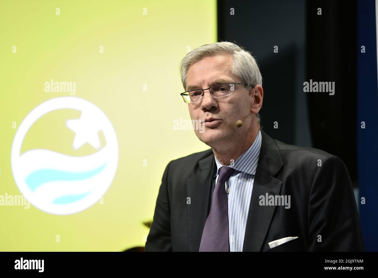 Vattenfall Chief Executive Magnus Hall speaks during a news conference at Vattenfall head office in Stockholm Monday April 18, 2016. State-owned Swedish utility Vattenfall said on Monday it had agreed to sell its loss-making lignite coal mines and associated power plants in Germany to Czech investor EPH. Photo Henrik Montgomery / TT kod 10060 Stock Photo