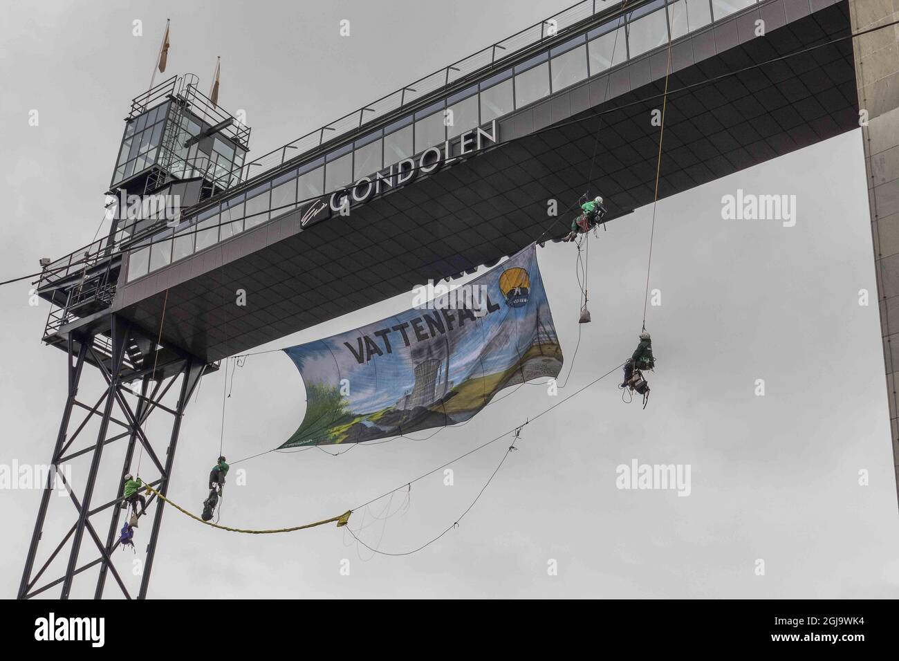 STOCKHOLM 20160427 German activists protesting against SwedenÃ¢Â€Â™s energy giant Vattenfall at the Katarina elevator n central Stockholm, Sweden, April, 27, 2016. Foto: Leif Blom / TT / kod 50080  Stock Photo