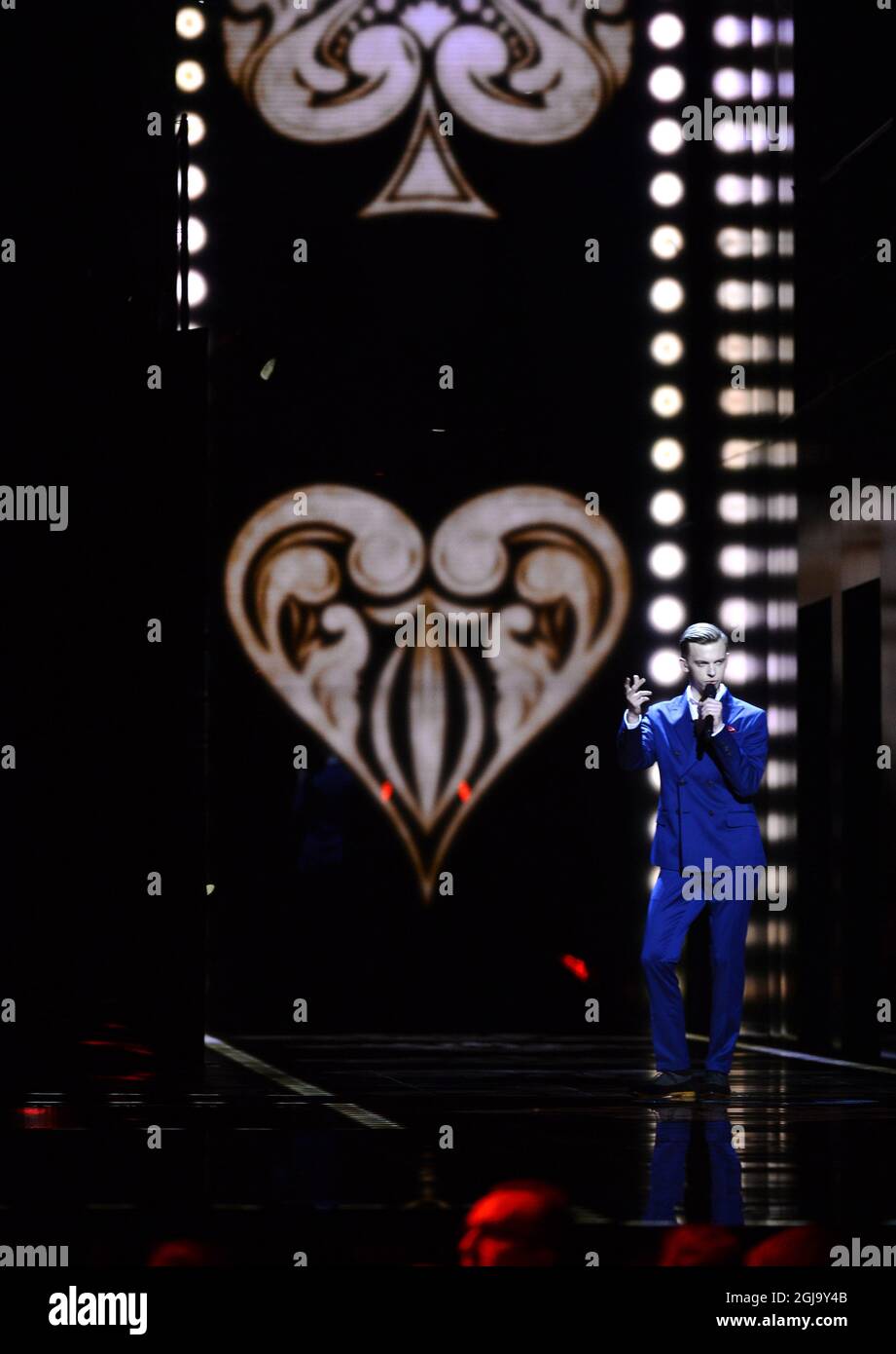 STOCKHOLM 2016-05-09 Estonia's JÃƒÂ¼ri Pootsmann rehearses the song Ã¢Â€ÂPlayÃ¢Â€Â during the jury show at the Ericsson Globe Arena in Stockholm, Sweden, May 9, 2016. The Eurovision Song Contest 2016 starts with the first semifinal on Tuesday May 10. Photo: Maja Suslin / TT / Kod 10300 ** SWEDEN OUT **  Stock Photo