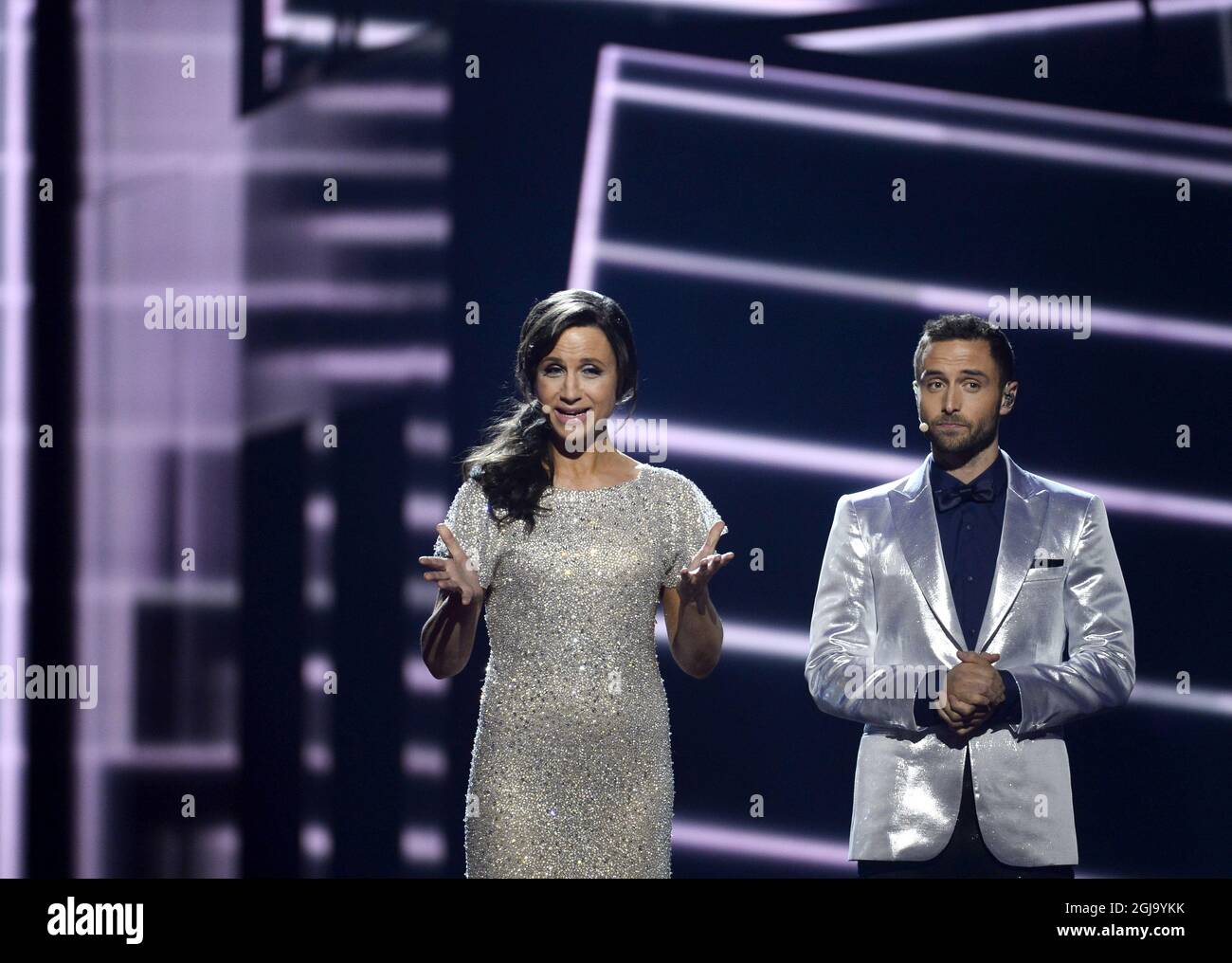 Eurovision hosts Petra Mede and Mans Zelmerlow during the jury show at the Ericsson Globe Arena in Stockholm, Sweden, May 11, 2016, on the eve of the second semifinal of the Eurovision Song Contest 2016. Photo: Maja Suslin / TT / code 10300  Stock Photo