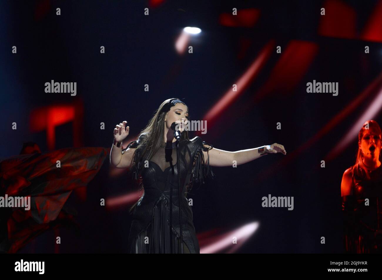 Sanja Vucic ZAA of Serbia rehearses the song 'Goodbye (Shelter)' during the jury show at the Ericsson Globe Arena in Stockholm, Sweden, May 11, 2016, on the eve of the second semifinal of the Eurovision Song Contest 2016. Photo: Maja Suslin / TT / code 10300  Stock Photo