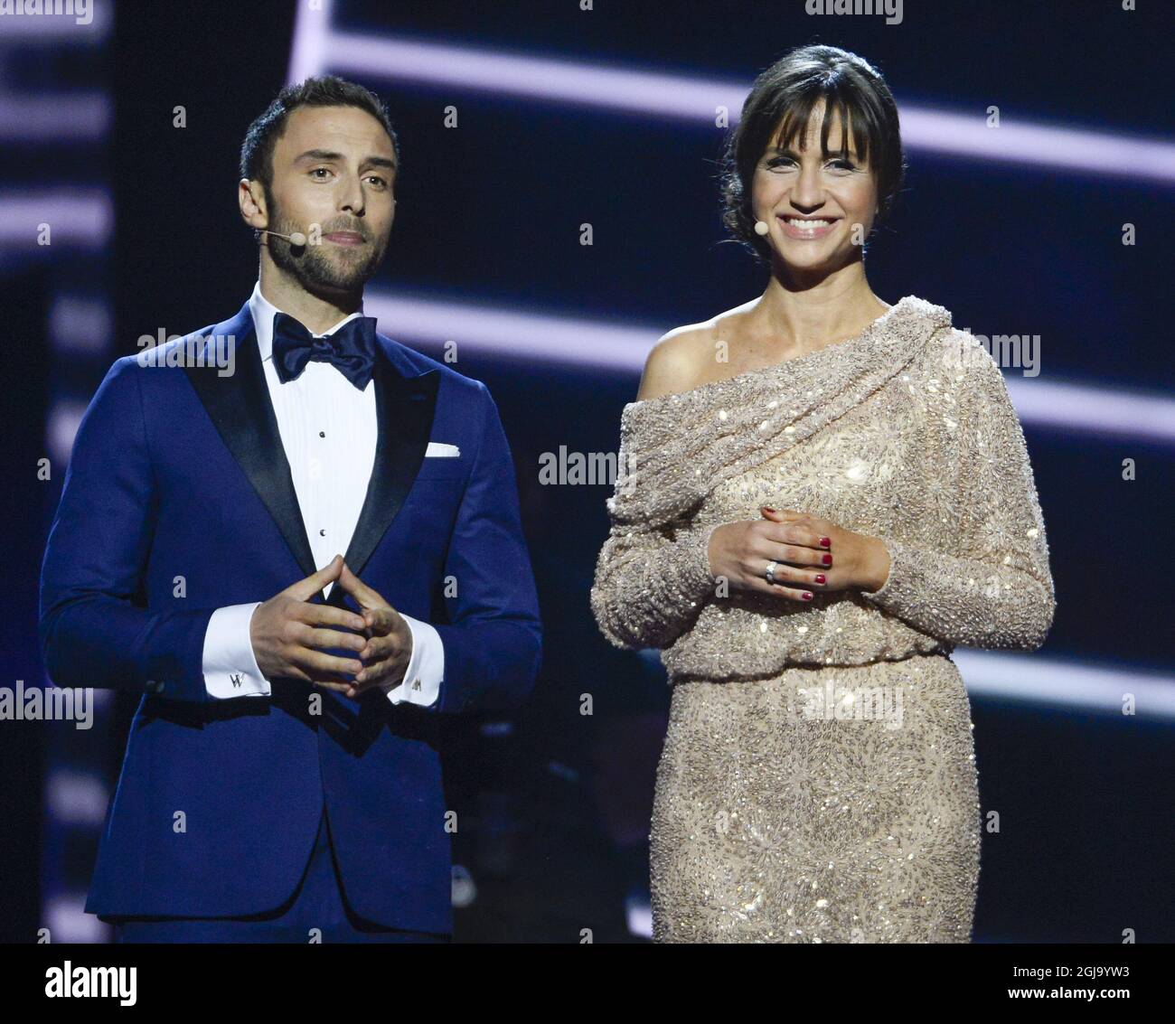 Eurovision hosts and Mans Zelmerlow and Petra Mede during the second dress rehearsal for the Eurovision Song Contest final in Stockholm, Sweden, Friday, May 13, 2016 Photo: Maja Suslin / TT / Kod 10300 ** SWEDEN OUT **  Stock Photo