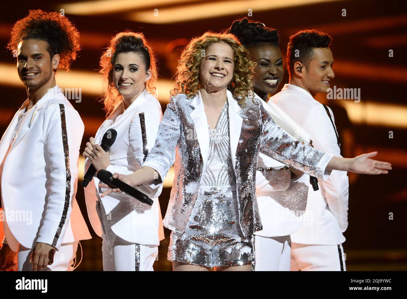 Laura Tesoro representing Belgium perform during the second dress rehearsal for the Eurovision Song Contest final in Stockholm, Sweden, Friday, May 13, 2016 Photo: Maja Suslin / TT / Kod 10300 ** SWEDEN OUT **  Stock Photo