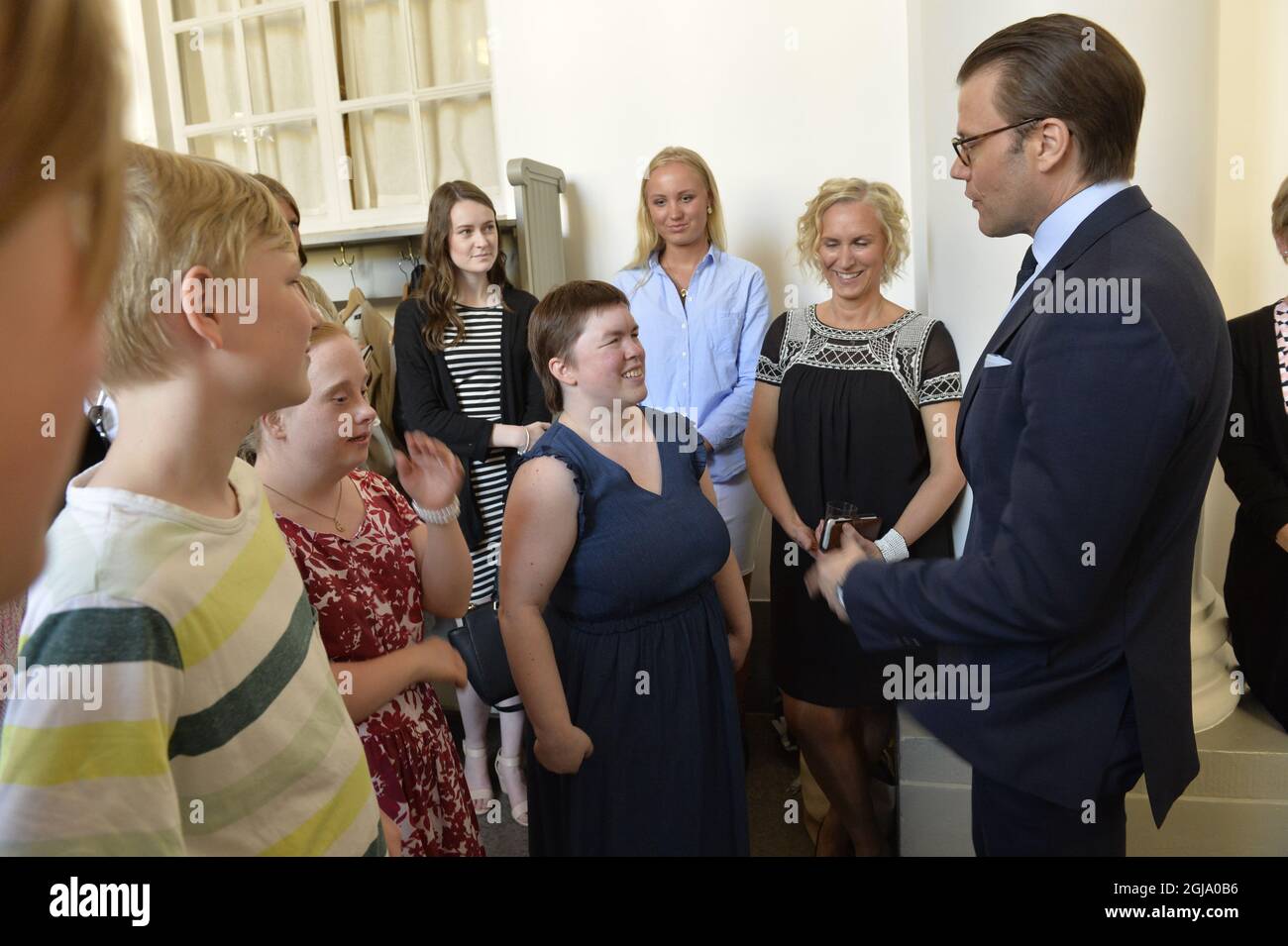 STOCKHOLM 2016-05-23 Prince Daniel are seen with actors of the Glada Hudik theatre during a ceremony at the Royal Palace in Stockholm, Sweden, May 23, 2016. 'Glada Hudik Theatre is a municipal activity in accordance with the LSS (The Swedish Act Concerning Support and Service for Persons with Certain Functional disabilities) a group consisting of both intellectually disabled and normally disabled actors. ' Foto Jonas Ekstromer / TT / kod 10030  Stock Photo