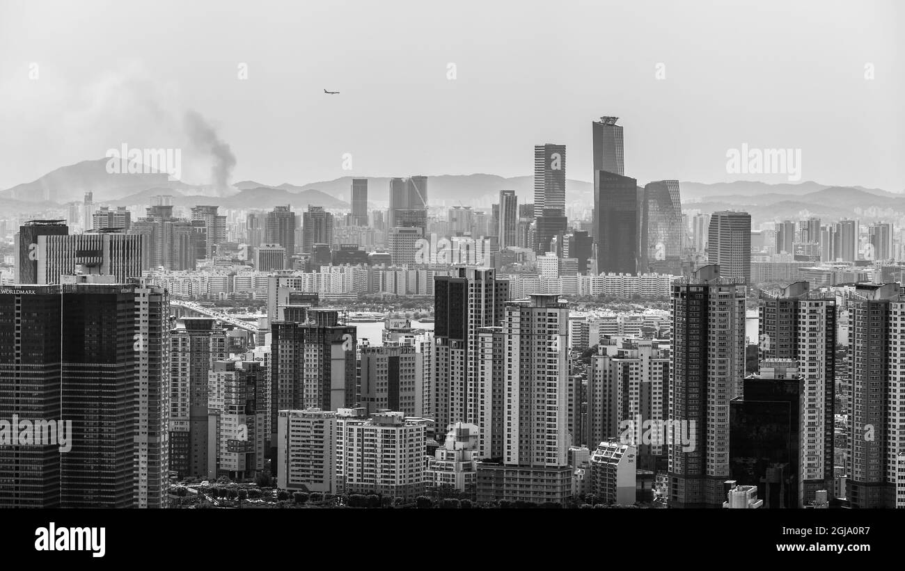 Seoul, South Korea June 3, 2017 Black and white cityscape of Seoul