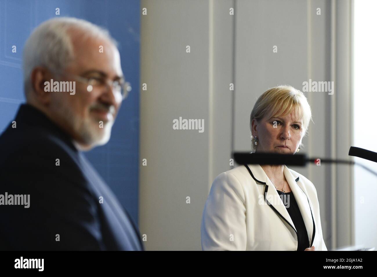 STOCKHOLM 2016-06-01 The Minister of Foreign Affairs of Iran, Mr Mohammad Javad Zarif Khonsari is seen together with Swedish counterpart Margot Wallstrom during a press conference at the Ministry of Foreign Affairs in Stockholm, Sweden, June 1, 2016 The Minister is in Sweden for bilateral talks with the Swedish government. Foto Maja Suslin / TT kod 10300 Stock Photo