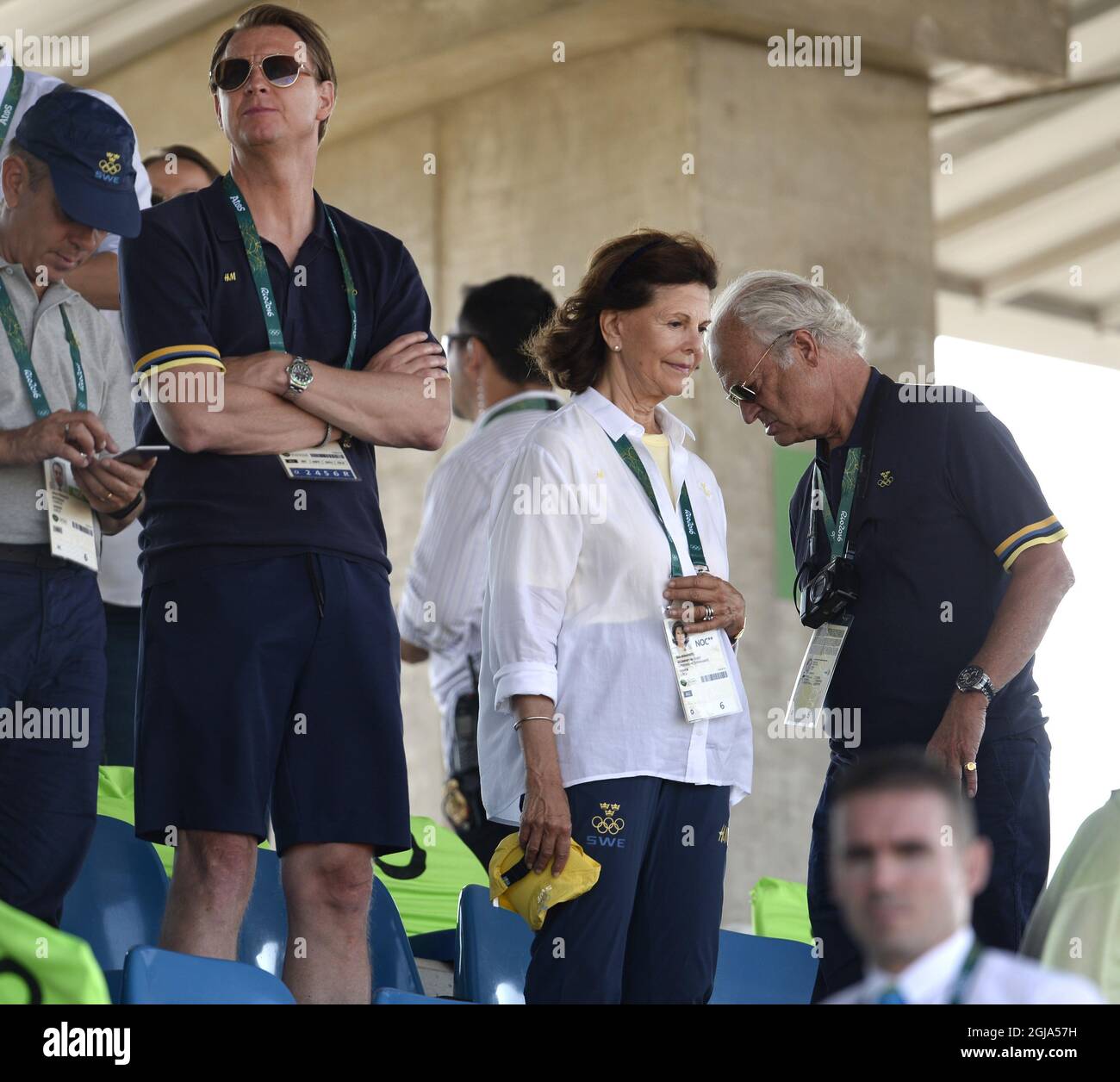 RIO DE JANEIRO 20160819 Sweden's Queen Silvia, King Carl Gustaf and to the  left Hans Vestberg, President of the Swedish Olympic Committee watch during  the Jumping Individual Final competition of the Rio