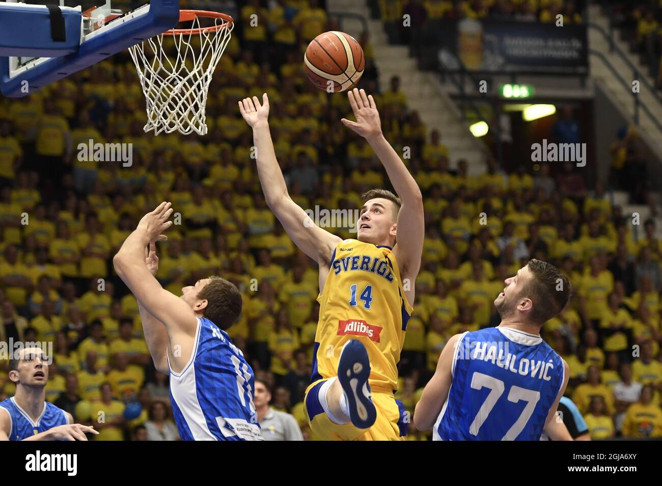 STOCKHOLM 20160914 Sweden's Alexander Lindqvist attack Bosnia's Miralem Halilovic (R) and Elmedin Kikanovic (L) during European Championship basket qualification match group C between Sweden and Bosnia and Herzegovina at Hovet arena in Stockholm Wednesday Sep. 14, 2016. Photo Maja Suslin / TT kod 10300  Stock Photo