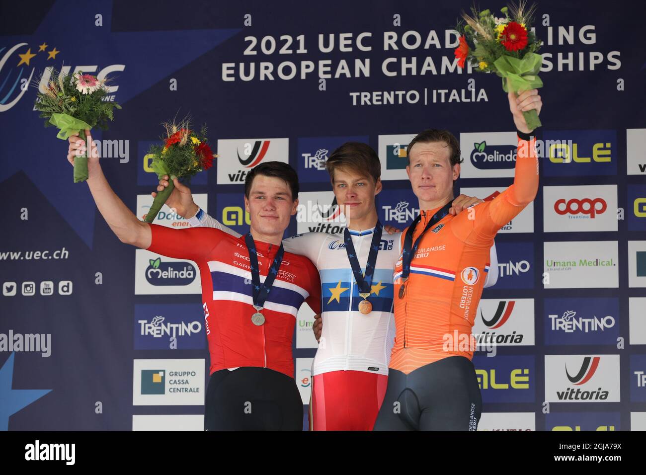 Trento, Trento, Italy, September 09, 2021, Johan PRICE PEJTERSEN (DEN), S..ren W..RENSKJOLD (NOR) and Dan HOOLE (NED)  during  UEC Road European Championships - Under 23 Men Individual Time Trial - Street Cycling Stock Photo