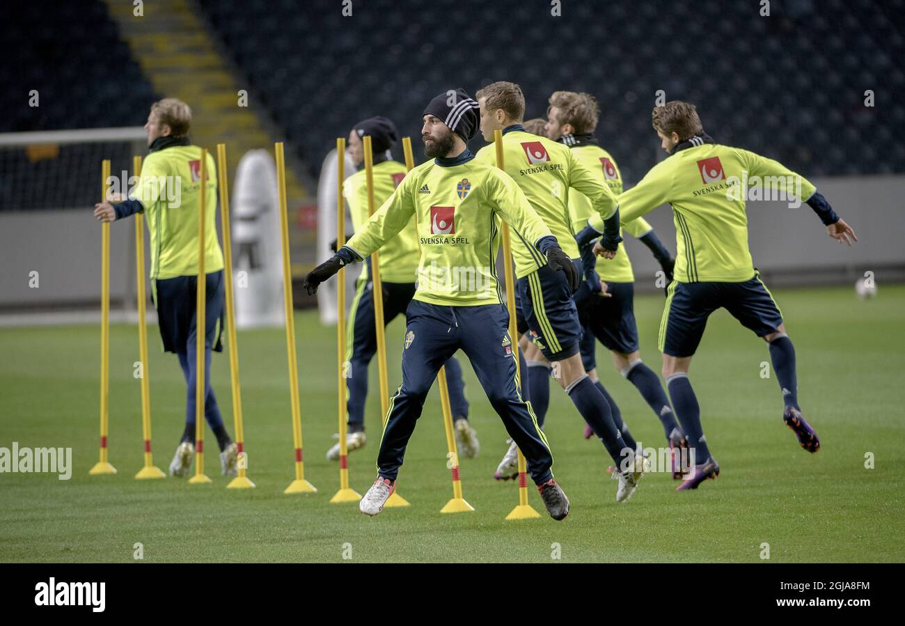 Sweden's national soccer team player Jimmy Durmaz, front, attends a training session on the eve of the 2018 World Cup Qualifying soccer match between Sweden and Bulgaria in Stockholm, Sweden, on October 9, 2016. Photo Maja Suslin / TT / code 10300 Stock Photo