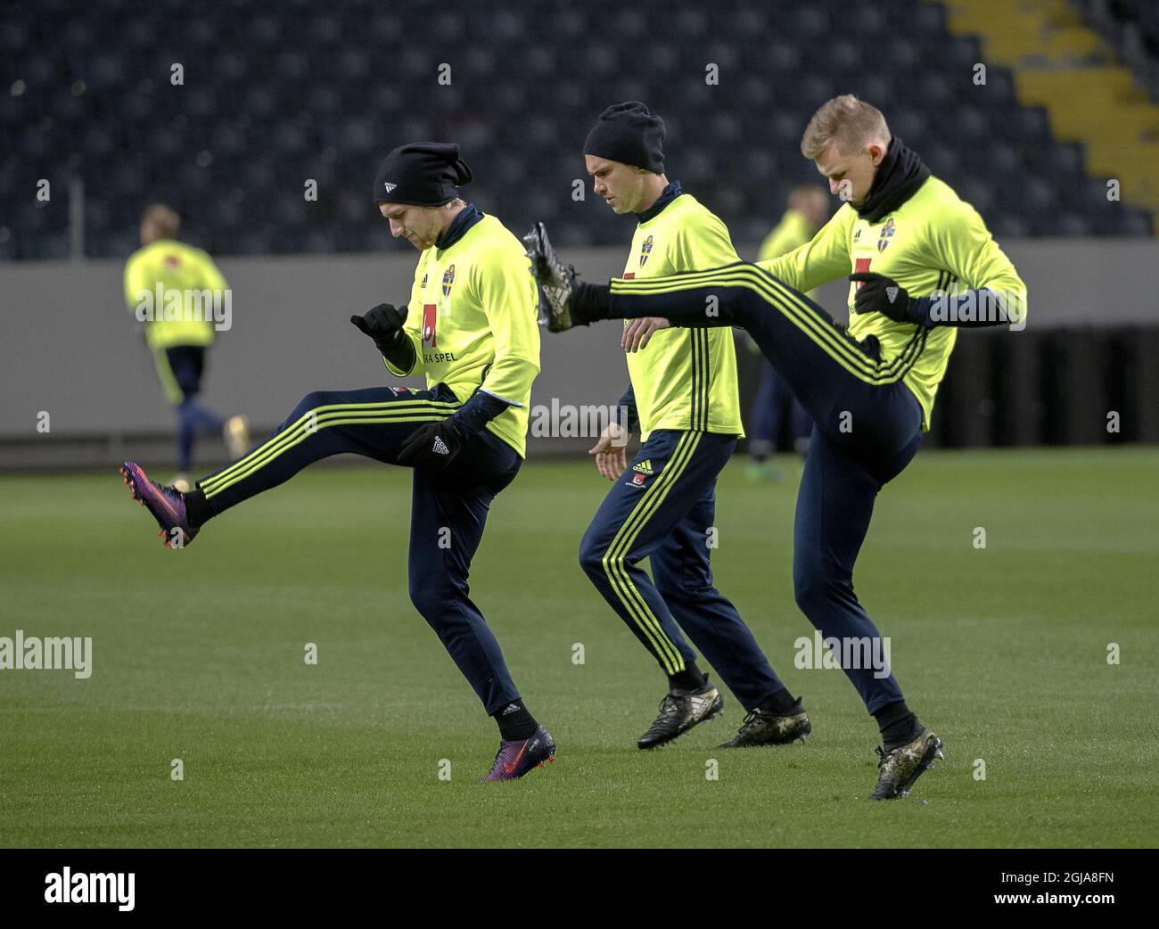 Sweden's national soccer team players, from left, Emil Forsberg, Albin Ekdal and Emil Krafth attend a training session on the eve of the 2018 World Cup Qualifying soccer match between Sweden and Bulgaria in Stockholm, Sweden, on October 9, 2016. Photo Maja Suslin / TT / code 10300 Stock Photo