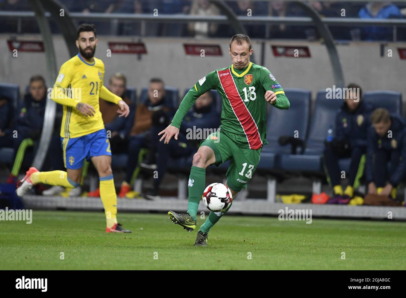 Sweden's Jimmy Durmaz chases Bulgaria's Anton Nedyalkov during the FIFA World Cup 2018 qualifier group A between Sweden and Bulgaria at Friends Arena in Stockholm Monday October 10, 2016. Photo Pontus Lundahl / TT / code 10050  Stock Photo