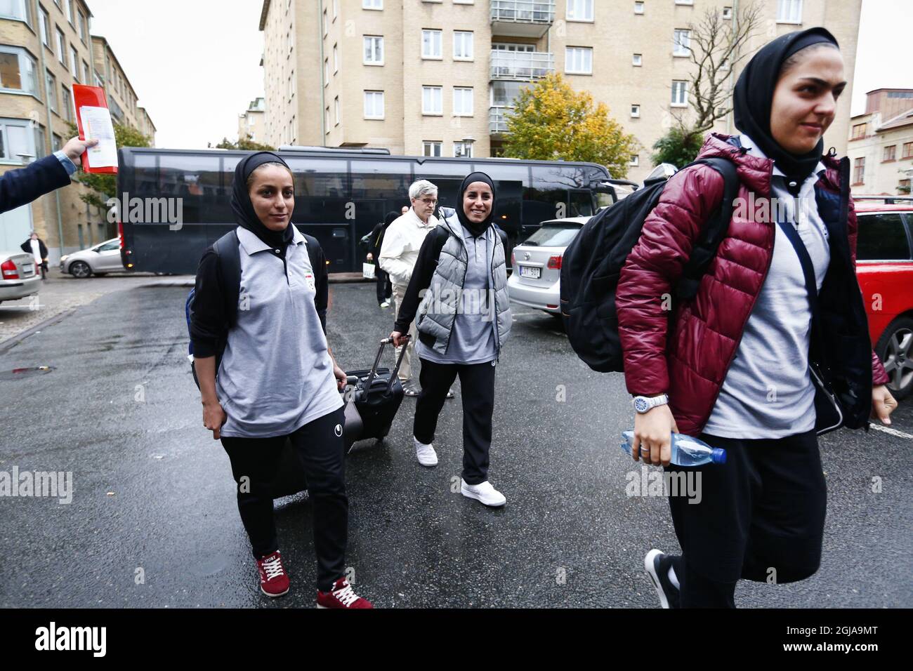 The Iranian women's national soccer team arrive at their hotel in Gothenburg, Sweden, on Oct. 20, 2016, on the eve of their international friendly soccer match against Sweden. Friday's match will be the first ever in Europe for the team. The match was planned for Oct. 20, but was postponed one day due to visa reasons. Photo: Thomas Johansson / TT / code 9200 Stock Photo