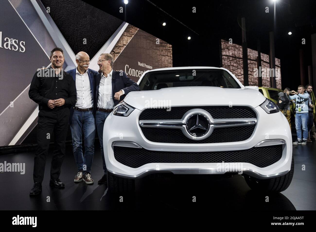Gorden Wagener, Vice President Design Daimler AG, Dr. Dieter Zetsche and Volker Mornhinweg, Head of Mercedes-Benz Vans present the new Mercedes-Benz Pickup at a press event held at the art gallery Artipelag in Stockholm, Sweden on October 25, 2016. Photo: Vilhelm Stokstad / TT / Kod 11370  Stock Photo