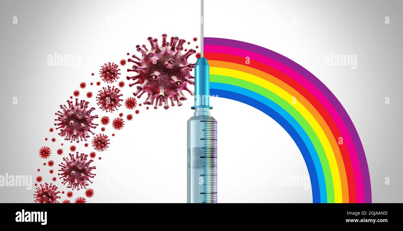 Concept of vaccination and virus vaccine or flu and coronavirus medical treatment and disease control as a syringe fighting a group of contagious. Stock Photo