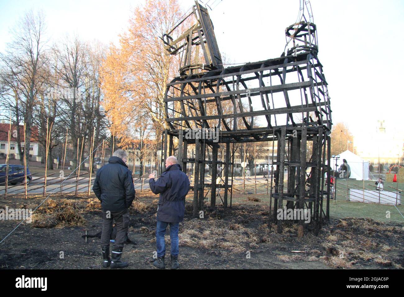 GAVLE 20161127 The Christmas goat in the city of Gavle where burned