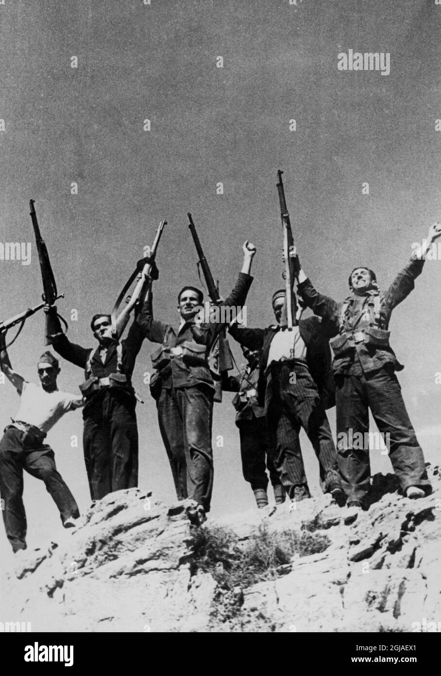 Spanish civil war - armed conflict between left and right forces in Spain in 1936-39. The war began with a revolt against the ruling People's Front government. Right Forces (rebels), the Falange, with its leader, General Franco, was supported by Italy and Germany. The government supported by the Left and volunteers from abroad in the International Brigade. Stock Photo