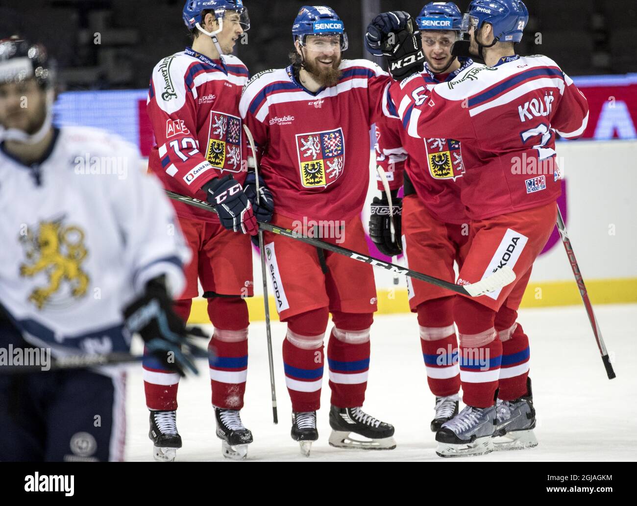 GOTEBORG 2017-02-11 Lukas Kaspar of the Czech Rep (2nd L) cheers after scoring the 4-0 goal in the Finland vs the Czech Republic ice hockey match in the Sweden Hockey Games in