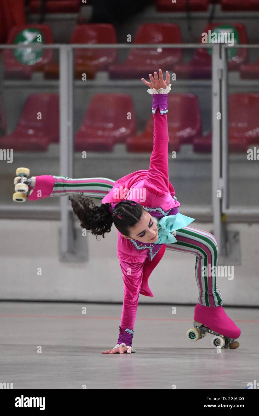INES ALVES, Portugal, performing in Junior Solo Dance - Free Dance at The European Artistic Roller Skating Championships 2021 at Play Hall, on September 06, 2021 in Riccione, Italy. (Photo by Raniero Corbelletti/AFLO) Stock Photo