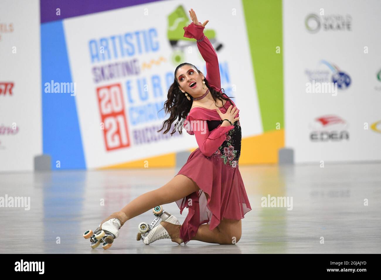EMILY PARMA, Italy, performing in Junior Solo Dance - Free Dance at The European Artistic Roller Skating Championships 2021 at Play Hall, on September 06, 2021 in Riccione, Italy. (Photo by Raniero Corbelletti/AFLO) Stock Photo