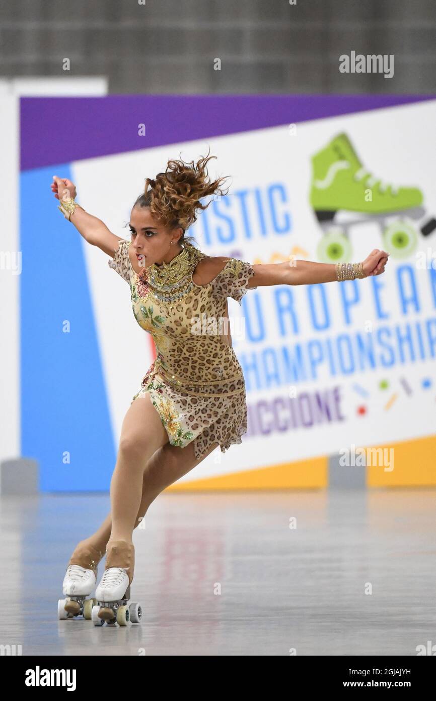 ROBERTA SASSO, Italy, performing in Junior Solo Dance - Free Dance at The European Artistic Roller Skating Championships 2021 at Play Hall, on September 06, 2021 in Riccione, Italy. (Photo by Raniero Corbelletti/AFLO) Stock Photo