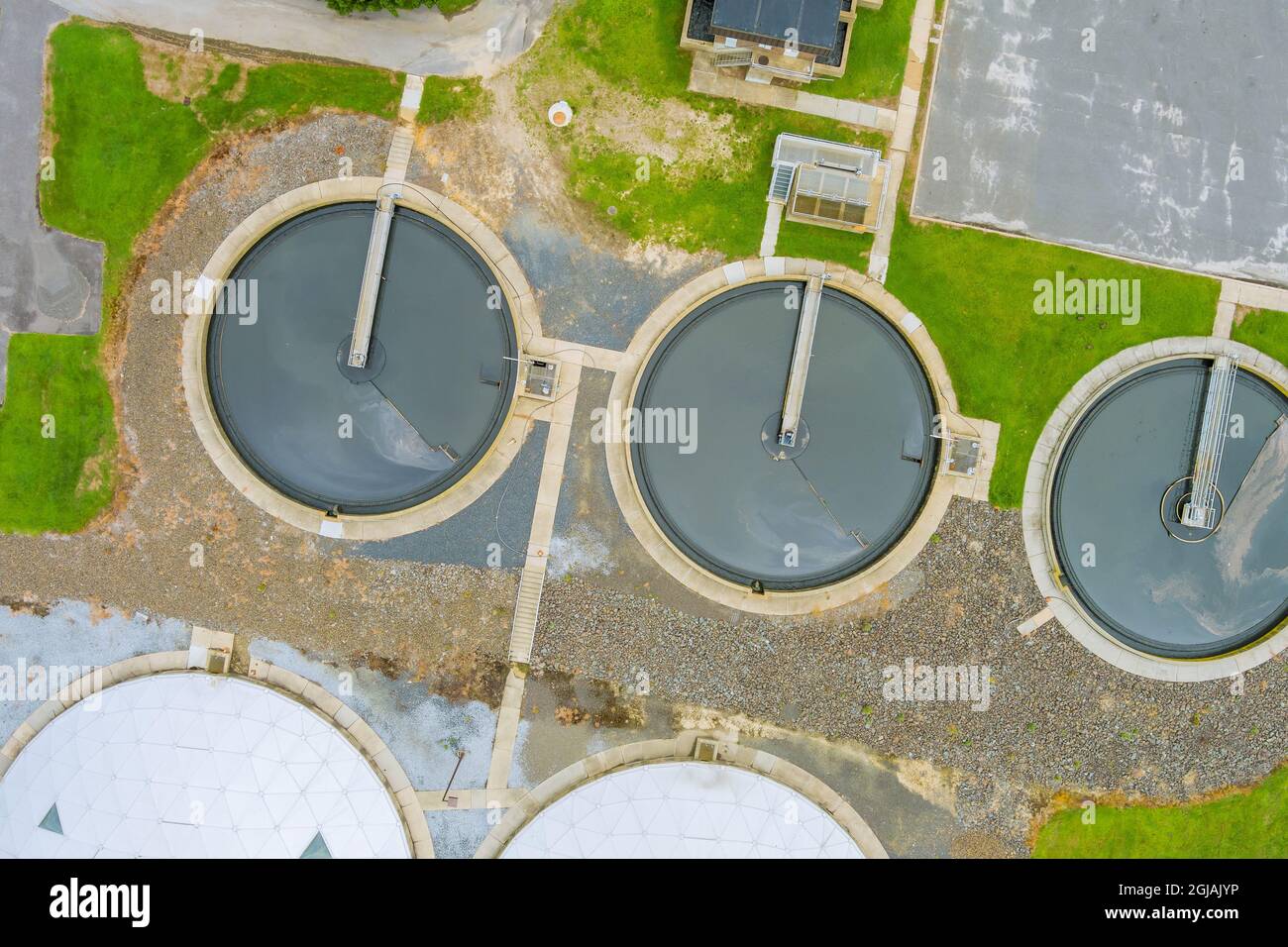 Aerial top view recirculation clarifier sedimentation tank environment