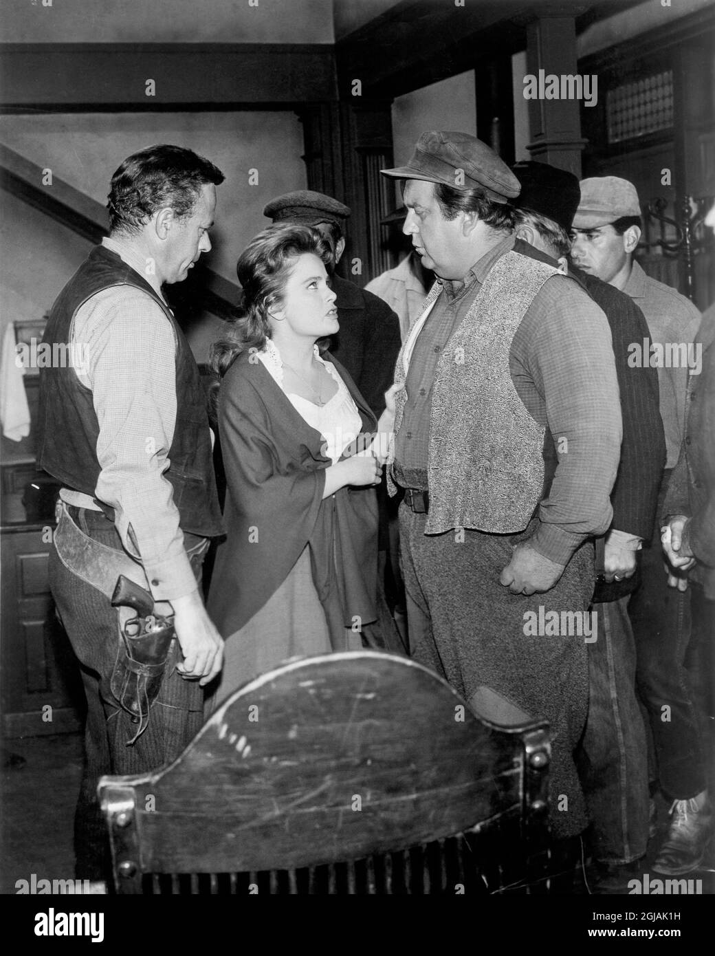 Ulla Jacobsson (center), Jacques Aubuchon (right), on-set of the TV Series 'The Virginian', Episode: 'The Final Hour', Revue Studios, 1963 Stock Photo