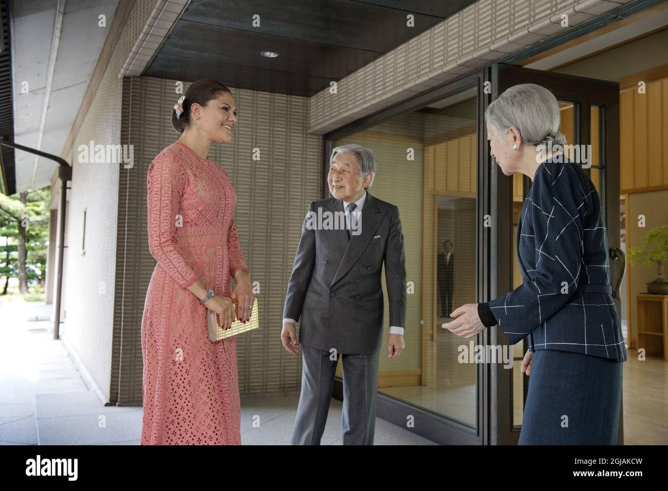 TOKYO 20170418 Crown Princess Victoria is seen with the Emperor of Japan Akihito and Empress Michiko av Japan in Tokyyo on Tuesday. The Crown Princess is on a offcial visit to Japan. Foto: Jessica Gow / TT / Kod 10070  Stock Photo