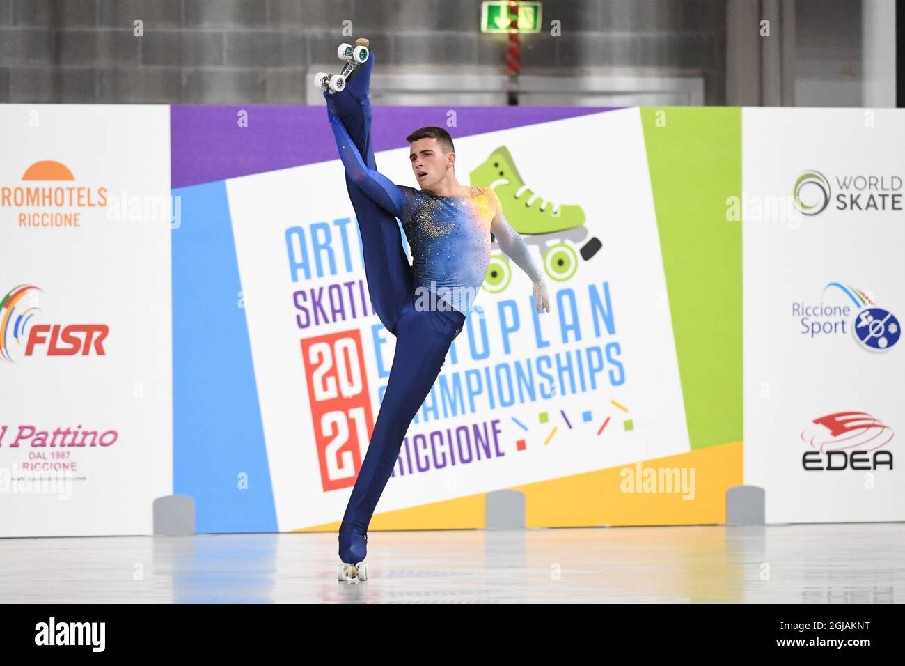 FRANCESCO BARLETTA, Italy, performing in Junior Solo Dance - Free Dance at The European Artistic Roller Skating Championships 2021 at Play Hall, on September 06, 2021 in Riccione, Italy. (Photo by Raniero Corbelletti/AFLO) Stock Photo