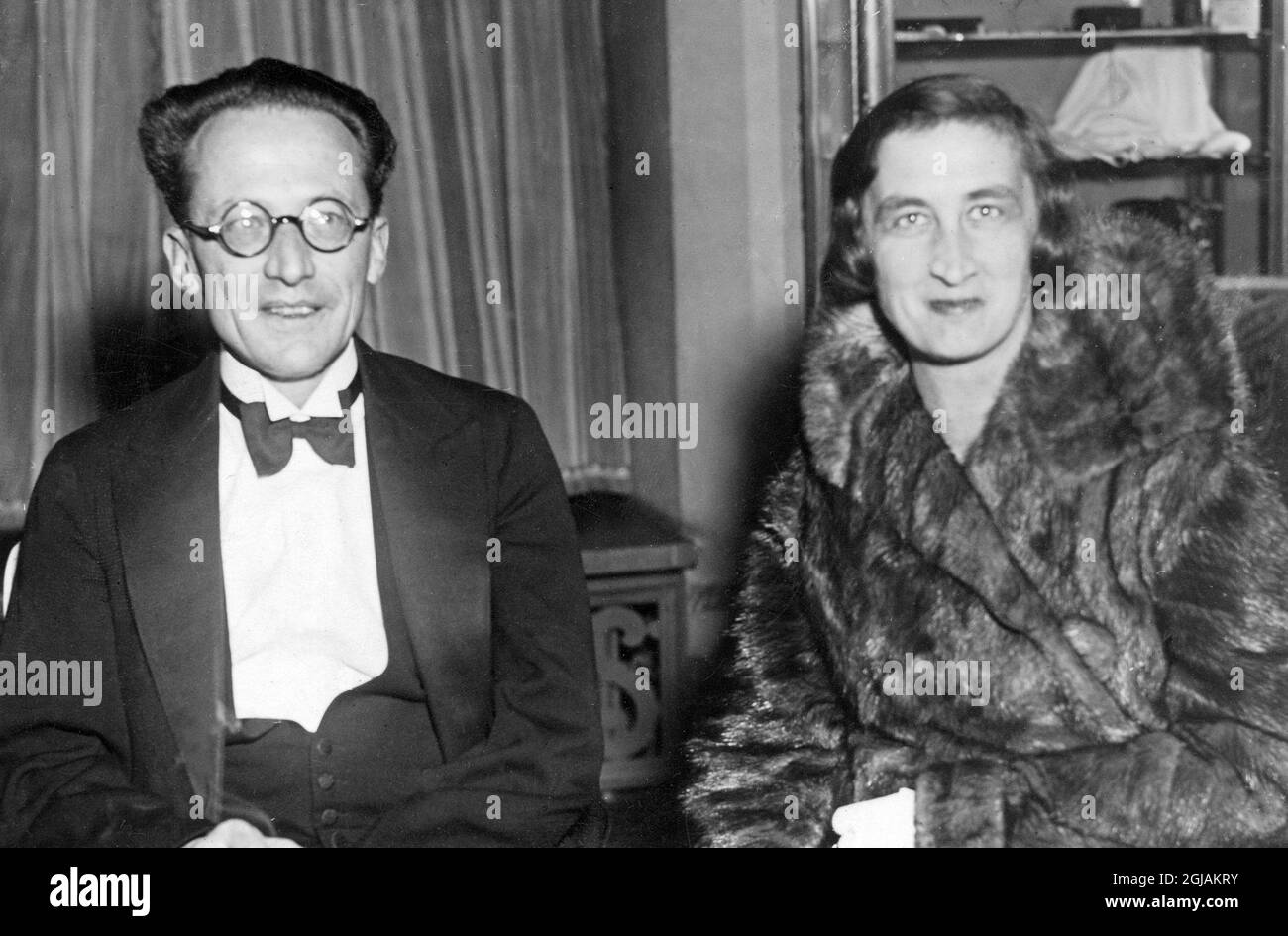 Austrian physicist Erwin Schrodinger, with Mrs Schrodinger, received the Nobel Prize in Physics in 1933 with Paul Dirac for the discovery of new productive forms of atomic theory. Stock Photo