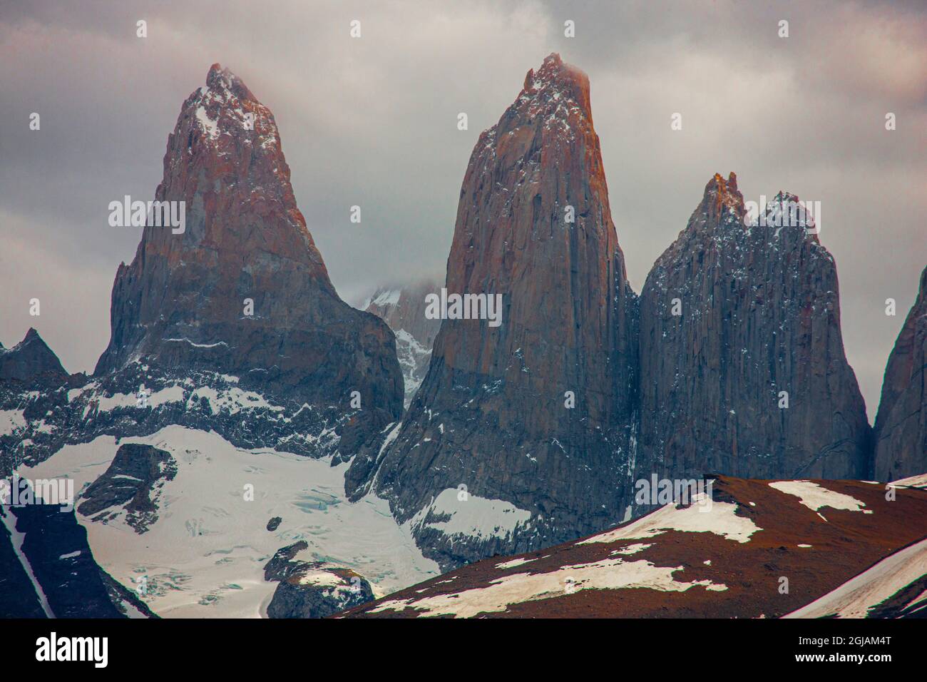 These are the famous towers after which Parc Nacional Torres del Paine was named after Stock Photo
