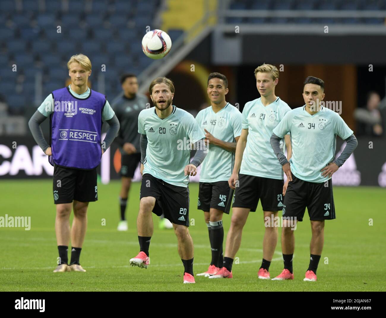 Ajax Lasse Schone in action with the ball during the training session at the Friends Arena in Solna, northern Stockholm, Tuesday May 23, 2017, the day before the UEFA Europa League May 24 football final betwen Ajax Amsterdam and Manchester United. Photo: Anders Wiklund / TT kod 10040  Stock Photo