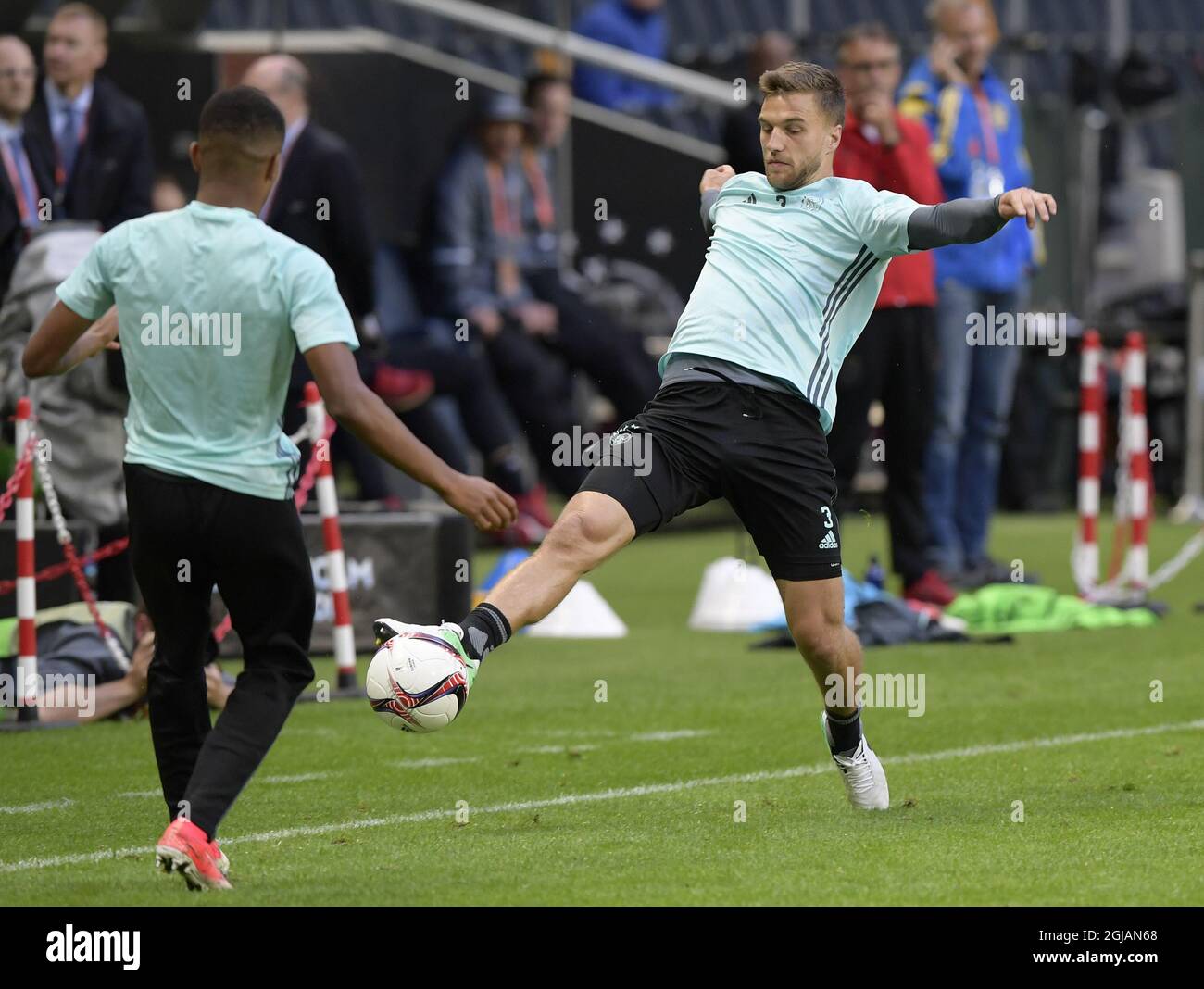 Ajax Joël Veltman (R) during the training session at the Friends Arena in Solna, northern Stockholm, Tuesday May 23, 2017, the day before the UEFA Europa League May 24 football final betwen Ajax Amsterdam and Manchester United. Photo: Anders Wiklund / TT kod 10040  Stock Photo