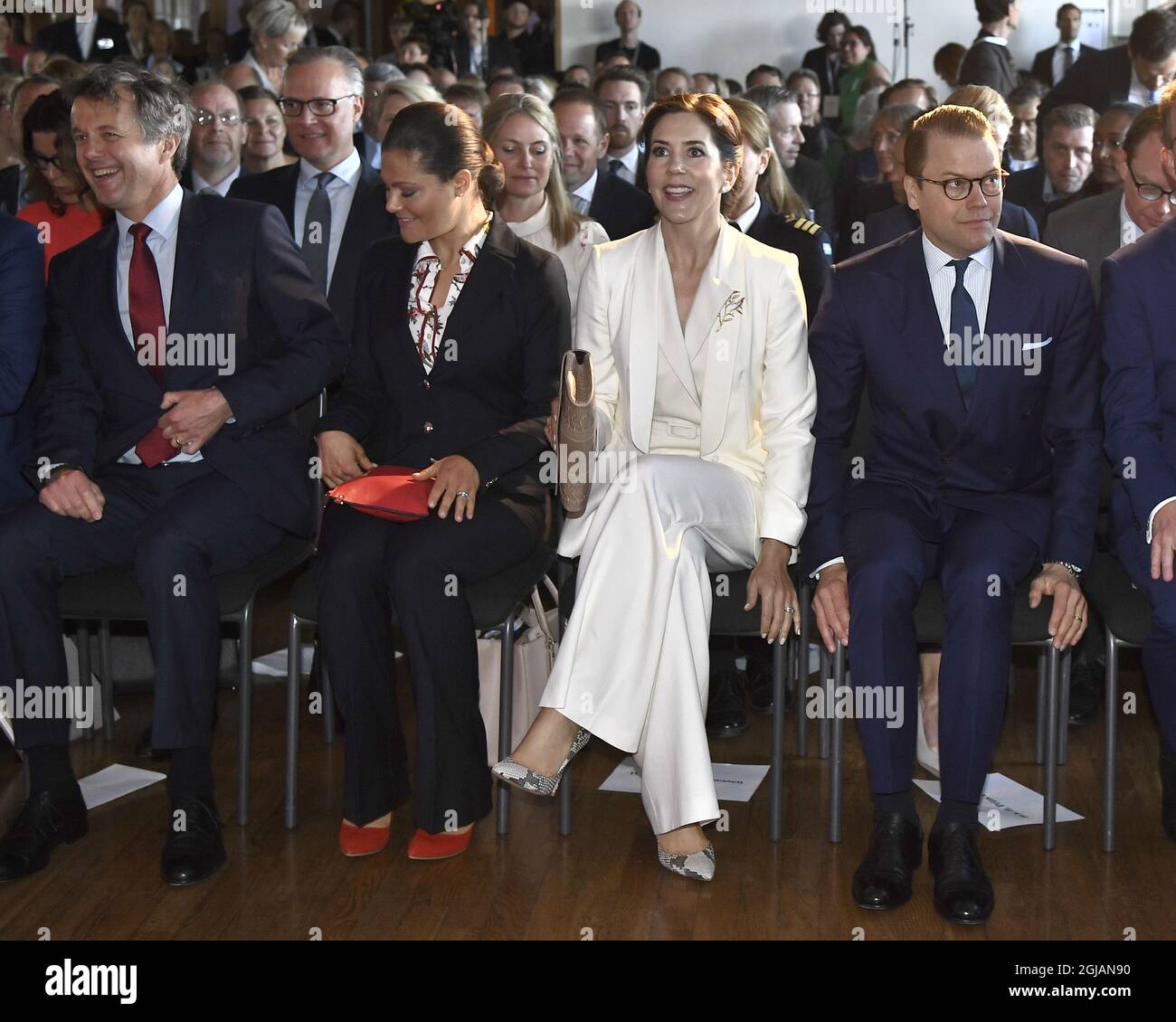 STOCKHOLM 2017-05-29 Crown Princess Victoria, Crown Prince Frederik Crown Princess Mary and Prince Daniel are seen attending the seminar “Liveable Scandinavia” in Stockholm, Sweden on Monday, The Danish Crown Prince couple are on an official visit to Sweden. In the background the City Hall Foto: Claudio Bresciani / TT / Kod 10090 danishinsweden2017  Stock Photo