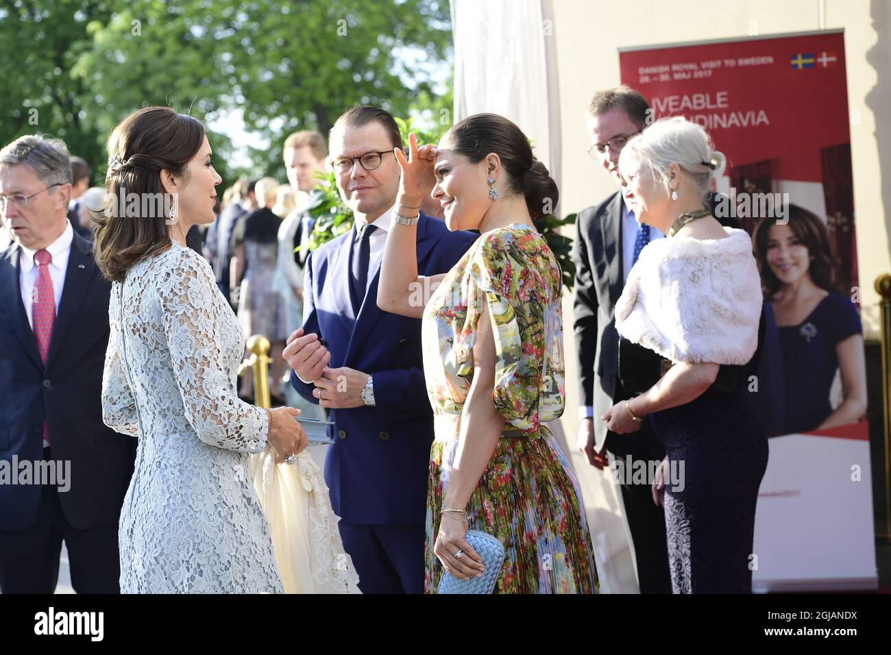 STOCKHOLM 2017-05-29 Denmark's Crown Princess Mary, Sweden's Prince Daniel and Sweden's Crown Princess Victoria arrive to an official dinner at the Eric Ericson Hall at Skeppsholmen in Stockholm, Sweden. The Danish Crown Prince couple are on an official visit to Sweden. Foto: Maja Suslin / TT / kod 10300 danishinsweden2017  Stock Photo