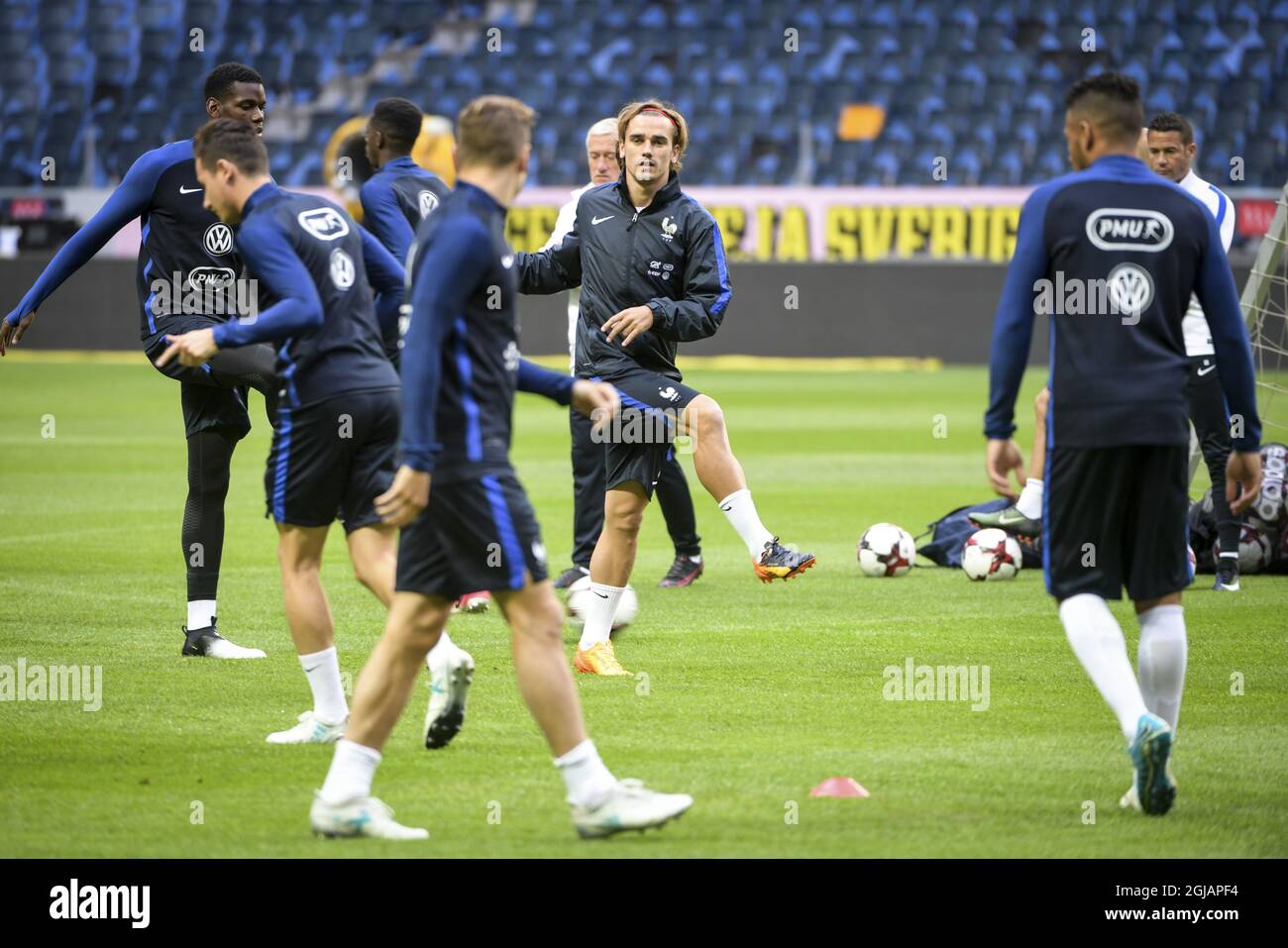 France's national soccer team player Antoine Griezmann (C) in action during a training session on the eve of the the Fifa World Cup qualification soccer match against Sweden at Friends Arena in Stockholm, Sweden on June 8, 2017. Photo: Henrik Montgomery / TT / code 10060 Stock Photo